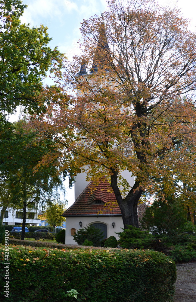 Kirche im Herbst am Fluss Spree, Halbinsel Stralau, Berlin