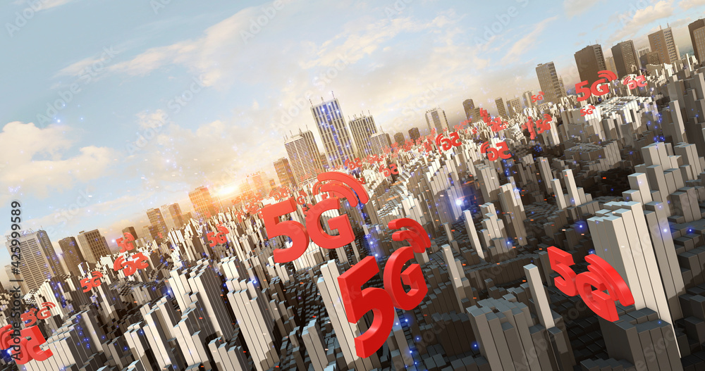 Fototapeta premium 5G Symbols Flying Over The Metropolitan Smart City Aerial. Technology And Telecommunication Related 3D Illustration Render