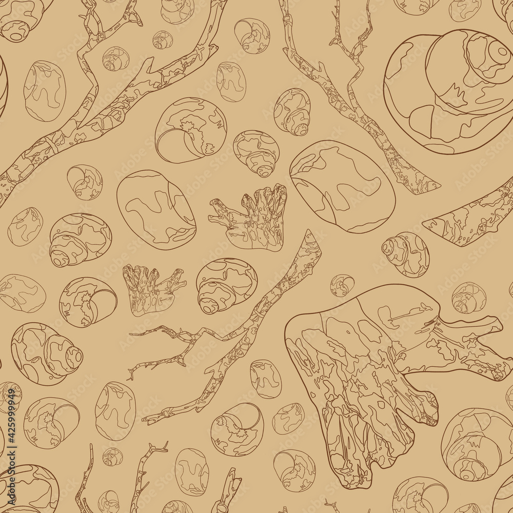 Seamless pattern with seashells and snags. Marine elements on a beige background. Marine background. Outline drawing. Seamless pattern with seashells and snags. Marine elements on a beige background. Marine background. Outline drawing.