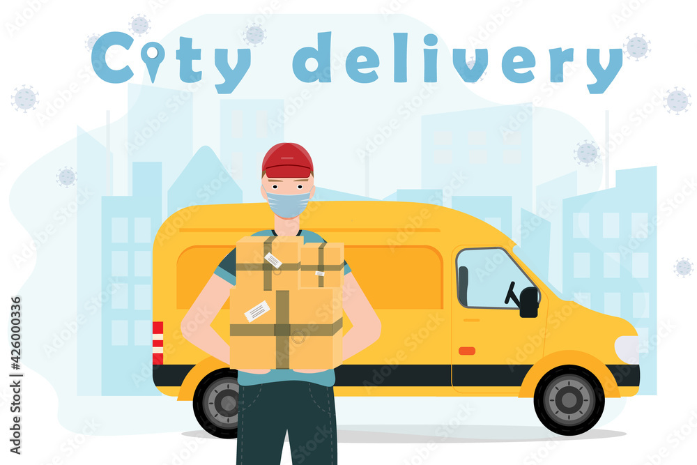 A delivery man holding boxes in his arms, safe delivery service concept, flat vector illustration A delivery man holding boxes in his arms, safe delivery service concept, flat vector illustration
