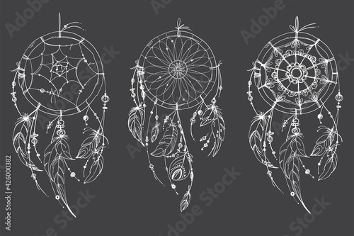 Dreamcatcher hippie decoration tattoo vector line. Boho style, beads and feathers.