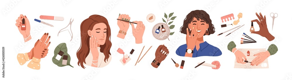 Set of women and female hands with manicure and polished fingernails, tools and accessories for nail beauty and care. Flat vector illustration of varnish, brush and file isolated on white background