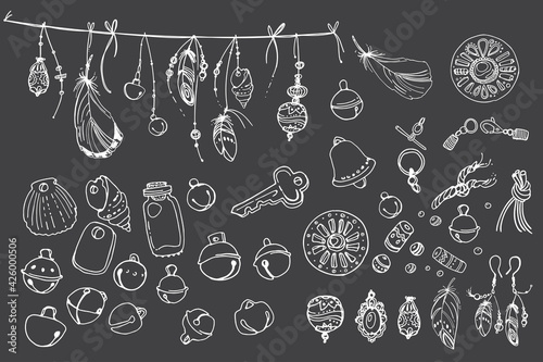 Dreamcatcher hippie decoration tattoo vector line. Boho style, beads and feathers.