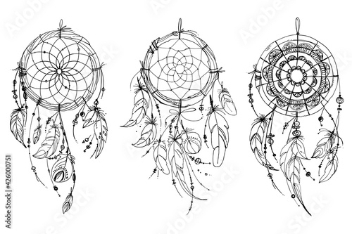 Dreamcatcher hippie decoration tattoo vector line. Boho style, beads and feathers.