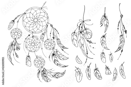 Dreamcatcher hippie decoration tattoo vector line. Boho style, beads and feathers.