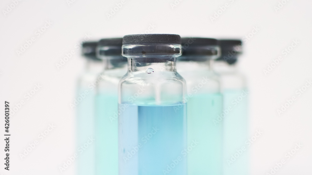 Medical ampoules for injection isolated on white background. Medicines and disease treatment, pharmacology and science concepts.