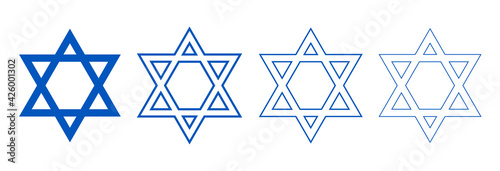 Jewish Star of David. Set of blue vector icons isolated on white background.Symbol of Israel.David star icon simple.Jewish,hebrew symbol in blue color.