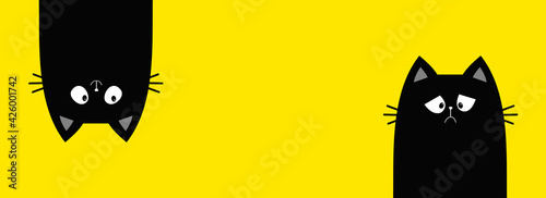 Cat set line banner. Sad happy black kitten face head. Hanging upside down. Funny Cute kawaii cartoon baby character. Notebook sticker print template. Happy Halloween. Flat design. Yellow background