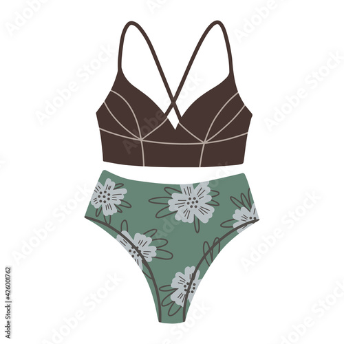 Female two-piece swimsuit with floral print.