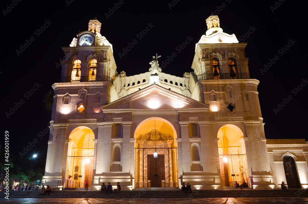 Cordoba, Argentina - January, 2020: Night view of building facade of Nuestra Senora de la Asuncion or Cathedral of Cordoba - Roman Catholic church located in city center on Plaza San Martin Cordoba, Argentina - January, 2020: Night view of building facade of Nuestra Senora de la Asuncion or Cathedral of Cordoba - Roman Catholic church located in city center on Plaza San Martin