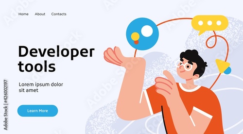 Landing page template of developing computer software, coding and programming . Modern flat design concept of web page design for website. Vector