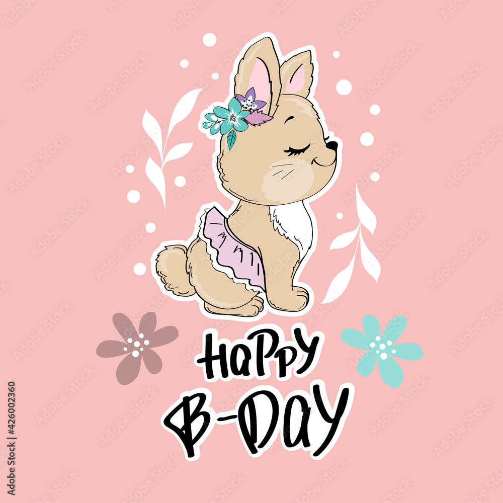 Cute cartoon summer rabbit. Birthday card. Vector illustration
