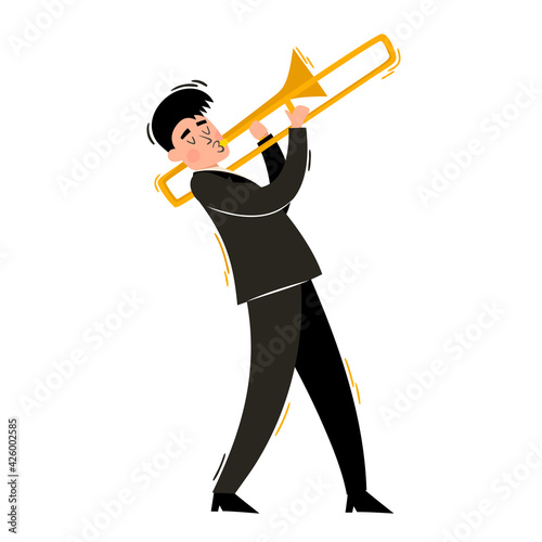 Vector european musician in black with trombone isolated on white. photo