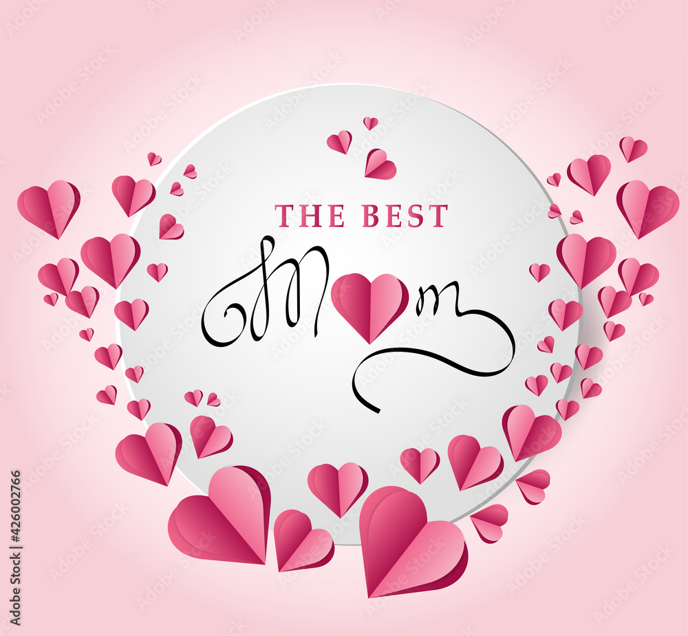 Mother's day greeting card. The best mom. Paper hearts on a pink background. Modern vector illustration.