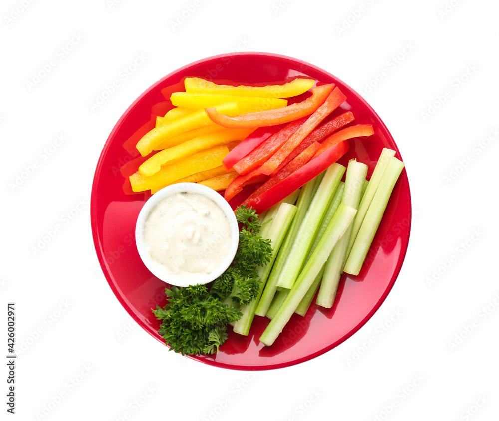 Plate with dip sauce, celery and other vegetable sticks isolated on white, top view Plate with dip sauce, celery and other vegetable sticks isolated on white, top view