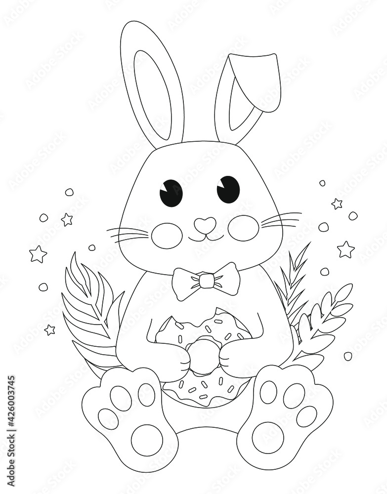 Fototapeta premium Coloring book for children and adults. Pictures in the contours. A cute bunny in the grass holds a donut in his hands. Coloring pictures for relaxation. Drawings for home printing.