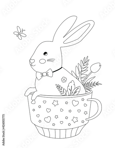 Coloring book for children and adults. Pictures in the contours. A cute bunny with a bow sits in a cup and looks at a butterfly. Coloring pictures for relaxation. Drawings for home printing.