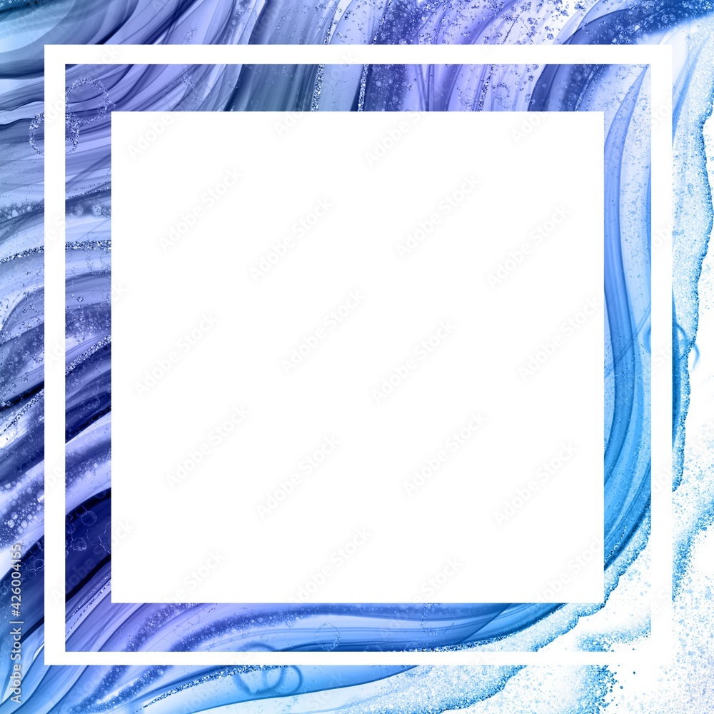 Photo frame template, made in fluid ink technique, in blue and purple colors