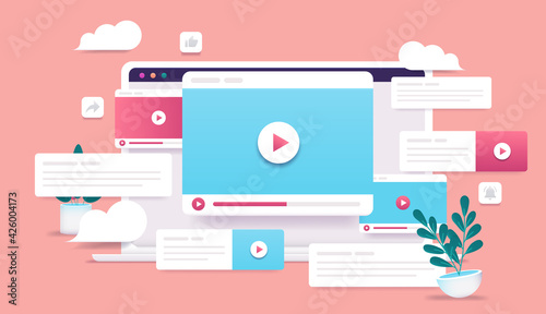 Viral spread video - Laptop with lots of video windows and content. Digital marketing and video content concept. Vector illustration.