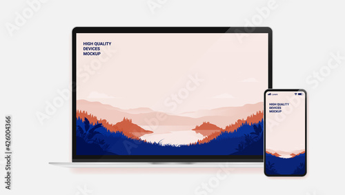 Devices vector template with - Laptop and smartphone with beautiful nature wallpaper background. Editable Illustration.