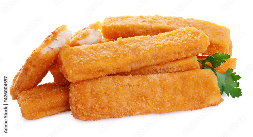 Tasty fresh fish fingers with parsley on white background