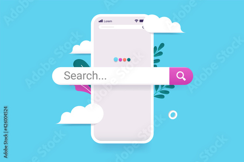 Searching on internet with smartphone -  Mobile phone with search bar popping out. Beautiful 3d vector illustration with clouds and light blue background.