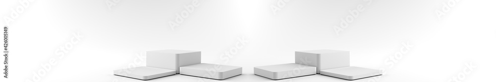 3D rendering of Square white Pedestal is overlapping, Podium for display product on the white floor. Pedestal can be used for advertising, Isolated on white background, Minimalist white, illustration. 3D rendering of Square white Pedestal is overlapping, Podium for display product on the white floor. Pedestal can be used for advertising, Isolated on white background, Minimalist white, illustration.