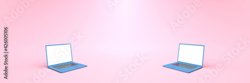 3D rendering of mockups Blue laptop white screen on pink floor, Blue laptop lay down on ground. Laptop white screen can be used for commercial advertising, Business idea, Isolated on pink background.