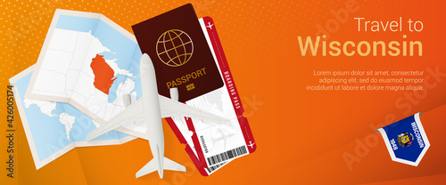Travel to Wisconsin pop-under banner. Trip banner with passport, tickets, airplane, boarding pass, map and flag of Wisconsin.