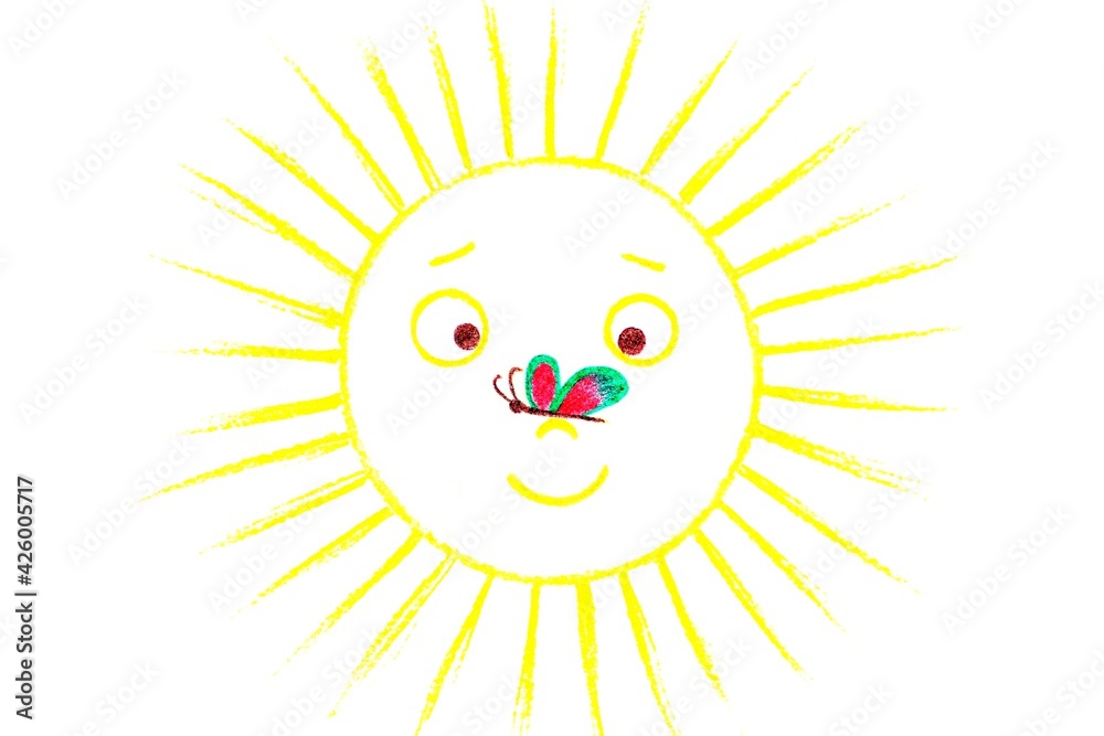 Sun with a butterfly on the nose. Childish drawing. Drawn by hand.