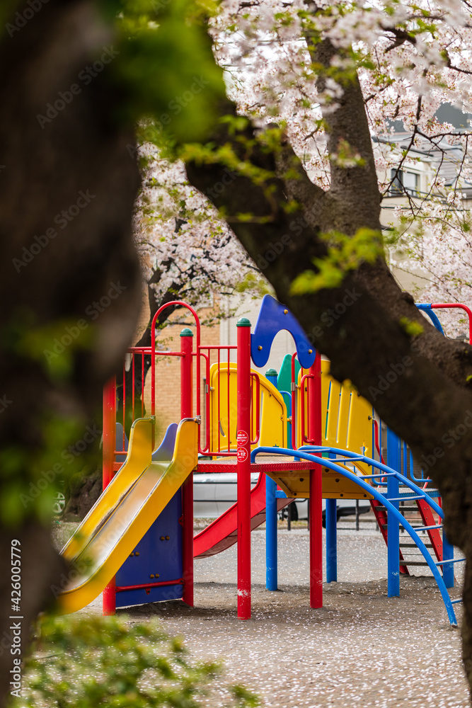 公園の桜の木と遊具