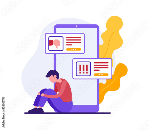 Cyberbullying and harassment concept. Vector illustration of young guy sitting near huge smartphone and embracing knees while experiencing bullying in social media on autumn day