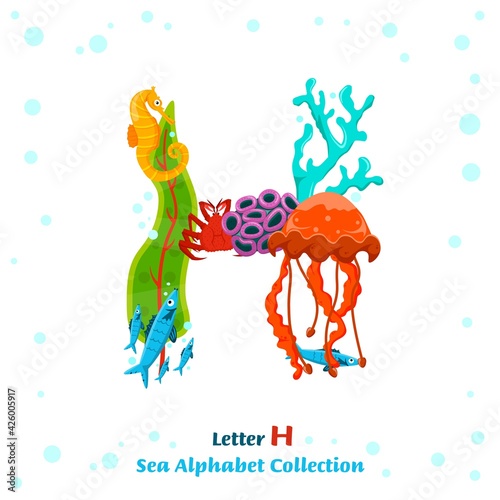 Unique character made from fish, seaweed, corals, sea inhabitants