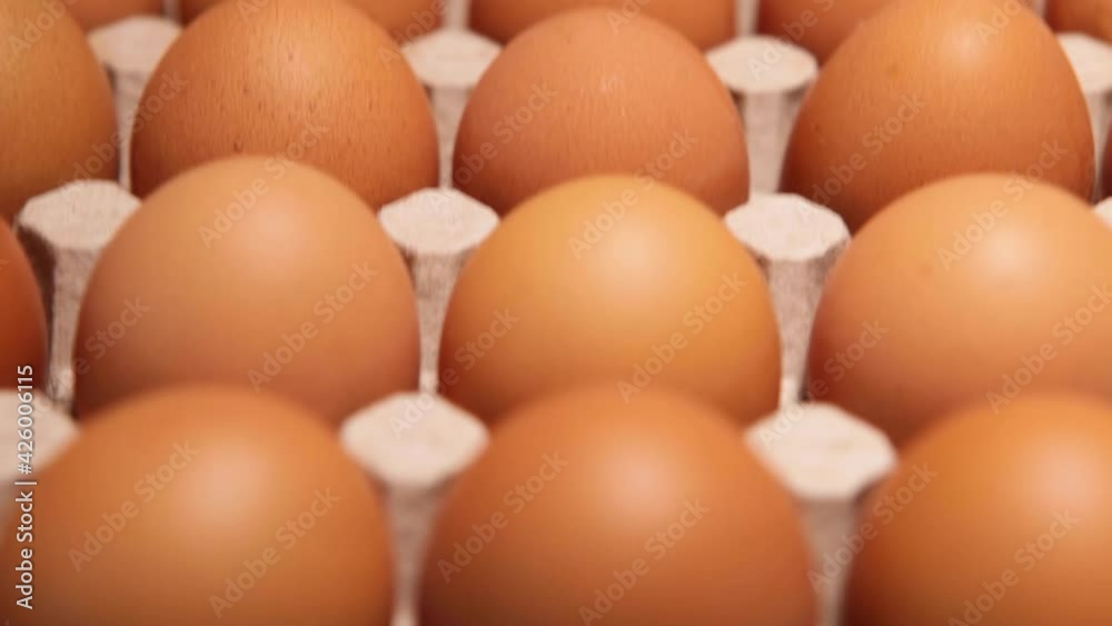 Chicken egg packaging on a blue background. Fresh raw chicken eggs in egg box at the farm or market. A macro. Close-up. Chicken egg packaging on a blue background. Fresh raw chicken eggs in egg box at the farm or market. A macro. Close-up.