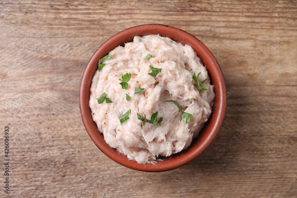 Delicious lard spread on wooden table, top view Delicious lard spread on wooden table, top view