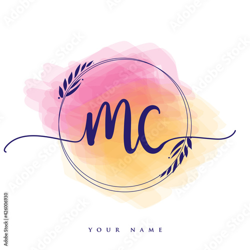 MC Initial handwriting logo. Hand lettering Initials logo branding, Feminine and luxury logo design isolated on colorful watercolor background.