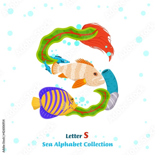 Unique character made from fish, seaweed, corals, sea inhabitants