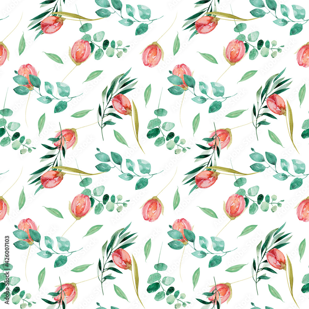 Watercolor seamless pattern of tulips, green leaves and eucalyptus branches, illustration on white background