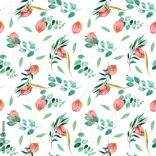 Watercolor seamless pattern of tulips, green leaves and eucalyptus branches, illustration on white background