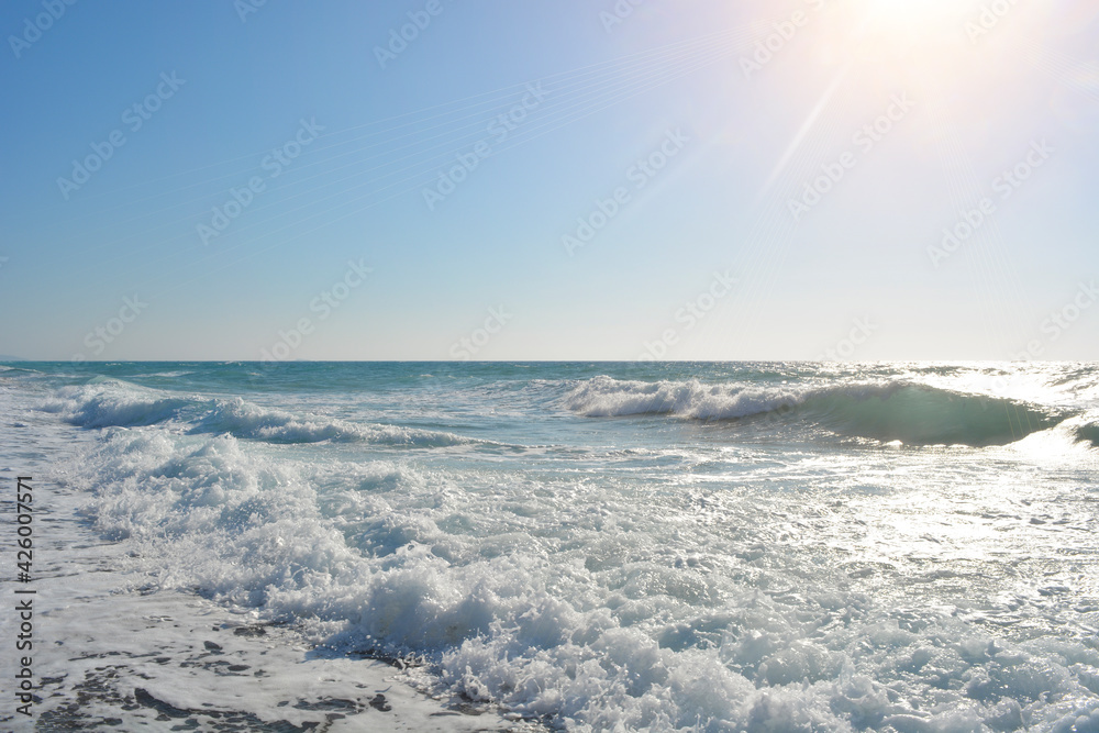 Beautiful sea wave and sky at sunset. Vacation , summer concept.