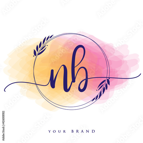 NB Initial handwriting logo. Hand lettering Initials logo branding, Feminine and luxury logo design isolated on colorful watercolor background.