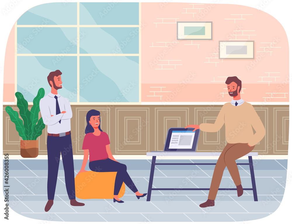Office workers. Co-workers. Colleagues discuss project teamwork. Office staff work and communication Office workers. Co-workers. Colleagues discuss project teamwork. Office staff work and communication