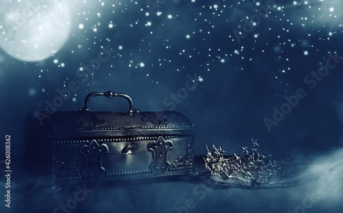 low key image of beautiful queen or king crown over gold treasure chest. vintage filtered. fantasy medieval period