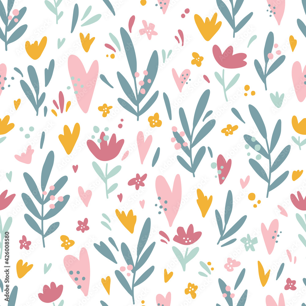 Seamless vector pattern cute hearts and tropical flowers and leaves. Hand drawn sweet products in sketchy style on the white background for kids, children. Creative universal cute  background in Scand