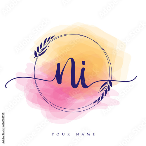 NI Initial handwriting logo. Hand lettering Initials logo branding, Feminine and luxury logo design isolated on colorful watercolor background.