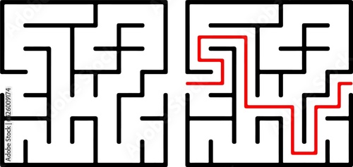 Education logic game labyrinth for kids. Find right way. Isolated simple square maze black line on white background. With the solution.