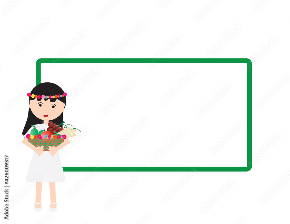Girl holding basket with fruits in front of a White sign with Green frame on White background Girl holding basket with fruits in front of a White sign with Green frame on White background