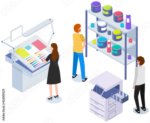People working with equipment and shelving with paints. Office technique vector illustration