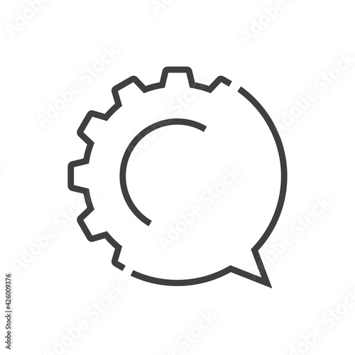 Chat industrial. Engranaje con parte de burbuja de habla con lineas de color gris