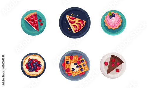 Desserts with Gaufre or Waffle, Tartlet and Cake Served on Plate Vector Set